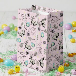 Sacola Para Presentes Média Nome do Felz pascoa Rosa Bunny