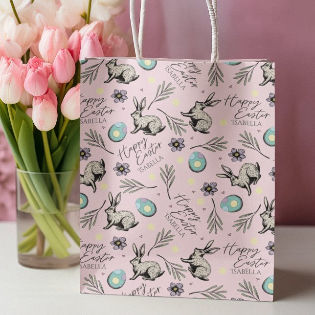 Sacola Para Presentes Média Nome do Felz pascoa Rosa Bunny (Cute Happy Easter Colorful Pink Gift Bag with Kids Name for Easter Gift Wrap or Kids Easter Egg Hunt)