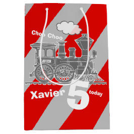 Sacola Para Presentes Média Nome do menino idade trem loco cinza 5º aniversári