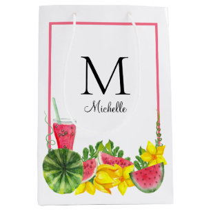 Sacola Para Presentes Média Nome do Monograma da Melancia Rosa 