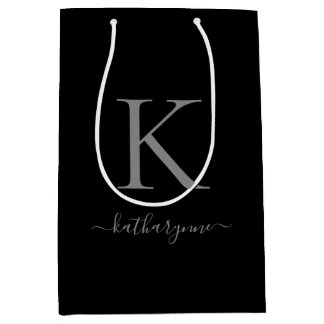 Sacola Para Presentes Média Nome do Monograma de Prata Negra Minimalista Moder