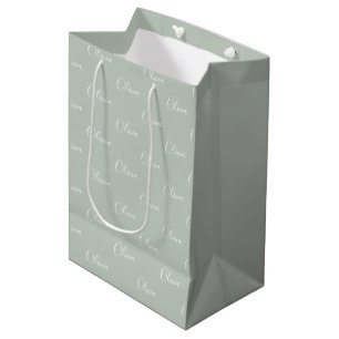 Sacola Para Presentes Média Nome Elegante Verde Sage Personalizado