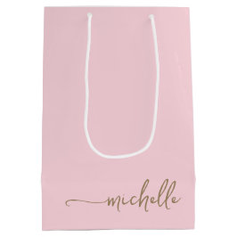 Sacola Para Presentes Média Nome em Script Monograma Dourado Chic Rosa Bege