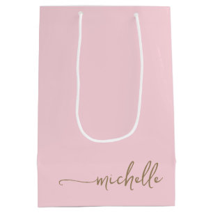 Sacola Para Presentes Média Nome em Script Monograma Dourado Chic Rosa Bege
