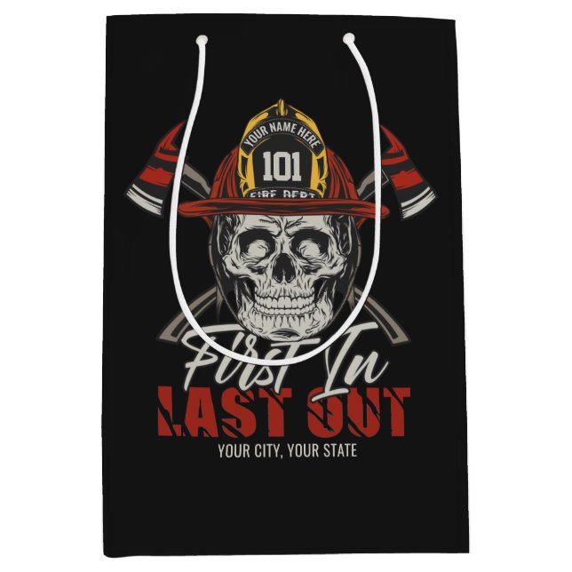 Sacola Para Presentes Média Nome personalizado Bombeiro Primeiro a Entrar Últi (Frente)