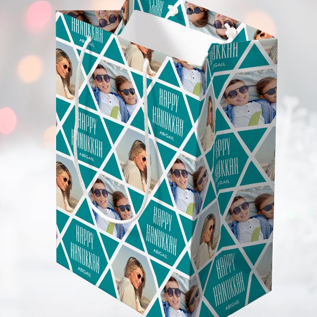 Sacola Para Presentes Média Nome personalizado do Hanukkah Feliz Fotos em Verd (Criador carregado)