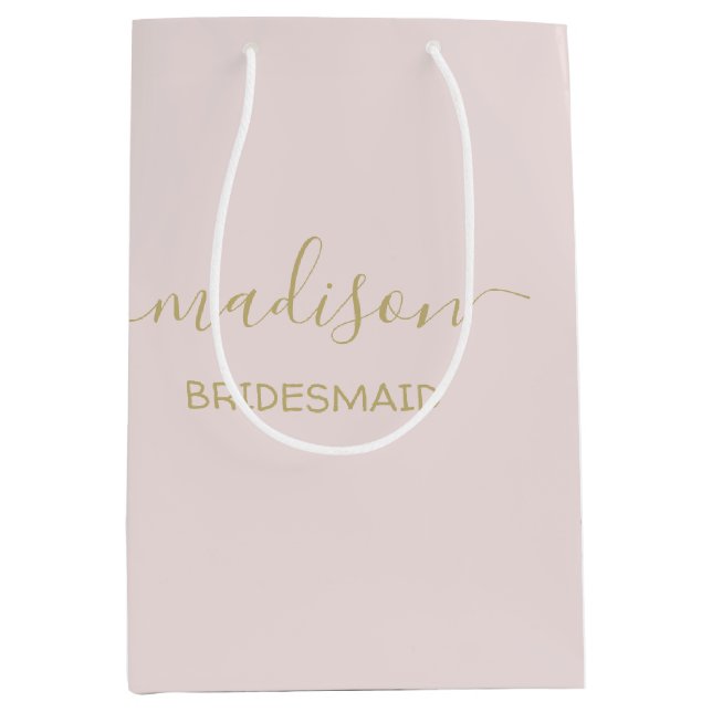 Sacola Para Presentes Média Nome Personalizado Dourado Caligrafia Rosa Esmagad (Frente)