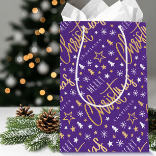 Sacola Para Presentes Média Nome Personalizado Faux Roxo Dourado