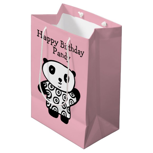 Sacola Para Presentes Média Nome Personalizado Panda Rosa Feliz Aniversário (Frente inclinada)