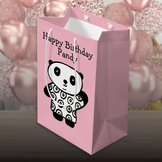Sacola Para Presentes Média Nome Personalizado Panda Rosa Feliz Aniversário (Personalized Name Panda Pink Happy Birthday Medium Gift Bag)