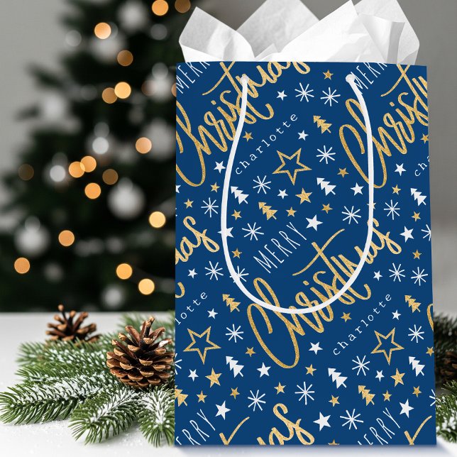 Sacola Para Presentes Média Nome Personalizado Script de Natal Blue Faux Doura (Criador carregado)