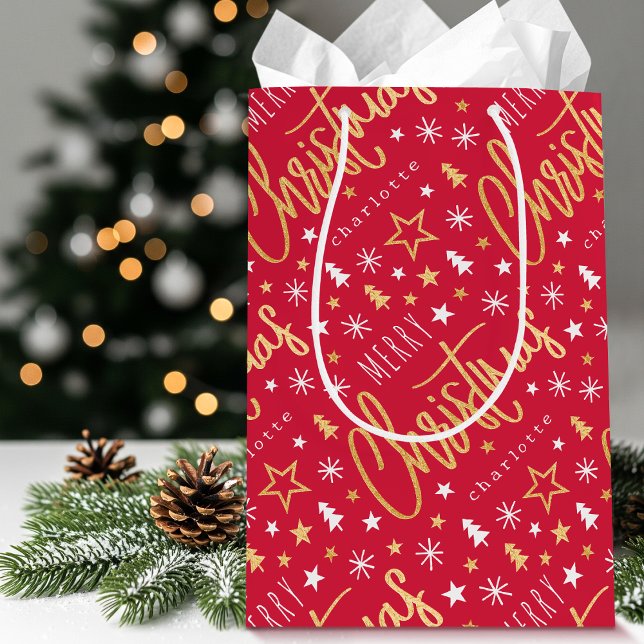 Sacola Para Presentes Média Nome Personalizado Script de Natal Red Faux Dourad (Criador carregado)
