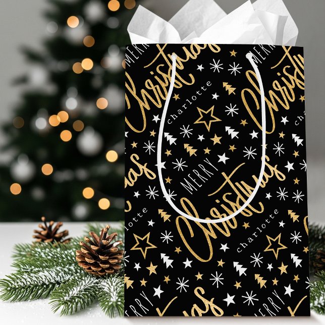 Sacola Para Presentes Média Nome Personalizado Script Natal Preto Faux Dourado (Criador carregado)