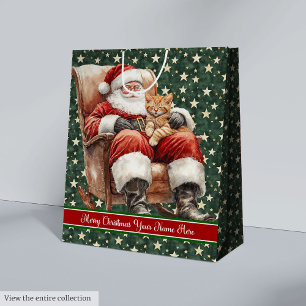 Sacola Para Presentes Média Nome Personalizado Watercolor Santa Claus Gift Bag