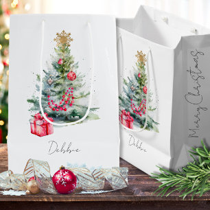 Sacola Para Presentes Média Nome Watercolor Modern Elegant Árvore de Natal Ele
