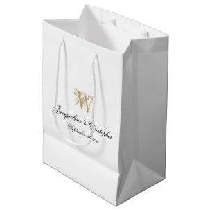 Sacola Para Presentes Média Nomes de Monograma de Casamento Script Branco Eleg