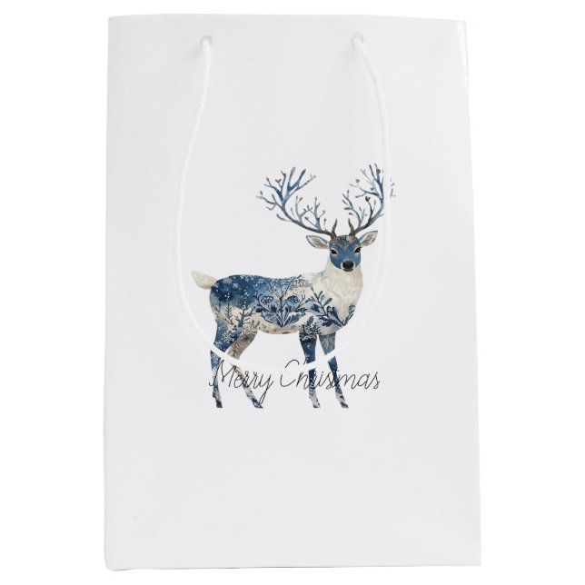 Sacola Para Presentes Média Nordic Blue White Deer Christmas (Frente)