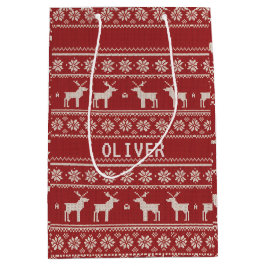 Sacola Para Presentes Média Nordic Reindeer Knit Pattern Personalized