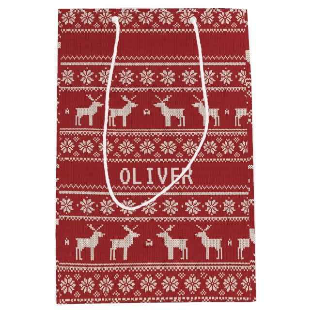 Sacola Para Presentes Média Nordic Reindeer Knit Pattern Personalized (Frente)