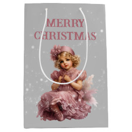 Sacola Para Presentes Média Nostalgia Feliz Natal em rosa-gelo