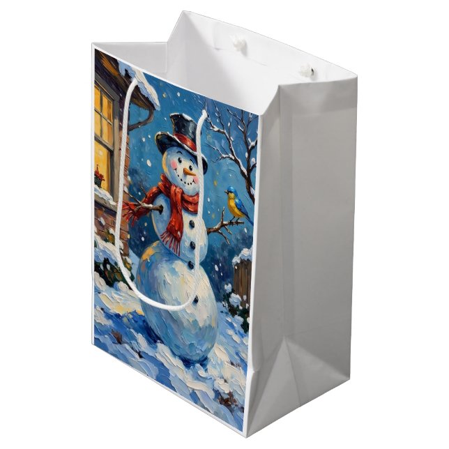 Sacola Para Presentes Média Nostalgic Happy Snowman with Bluebird Winter Scene (Frente inclinada)