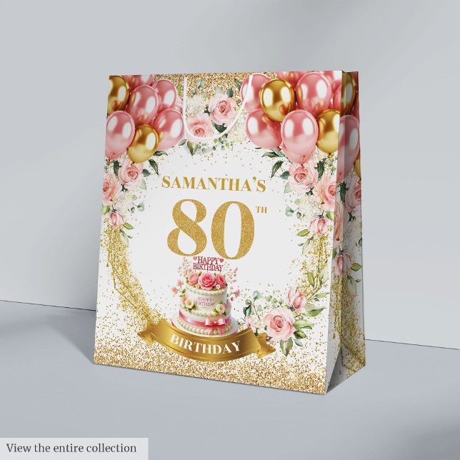 Sacola Para Presentes Média Numero Dourado Elegante, 80 de Aniversário, Blush  (Elegant Gold Number 80th Birthday Blush Floral Medium Gift Bag)