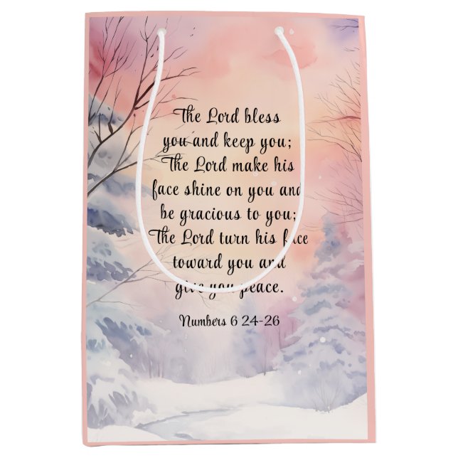 Sacola Para Presentes Média Números 6 Lord Bless You Bíblia Verse Winter Snow (Frente)