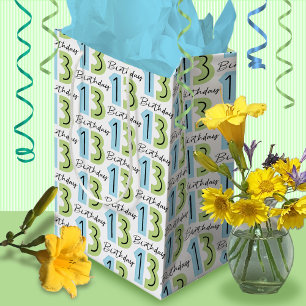 Sacola Para Presentes Média Números de Aniversário do 13 Verde Azul