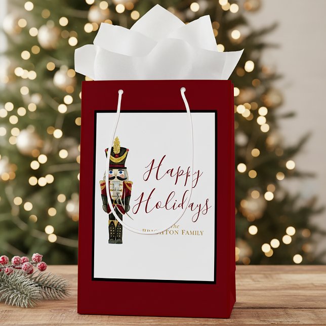 Sacola Para Presentes Média Nutcracker Red Happy Holidays Classic Christmas  (Criador carregado)