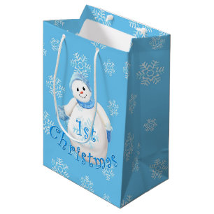 Sacola Para Presentes Média ø Boneco de neve e flocos de neve do Natal