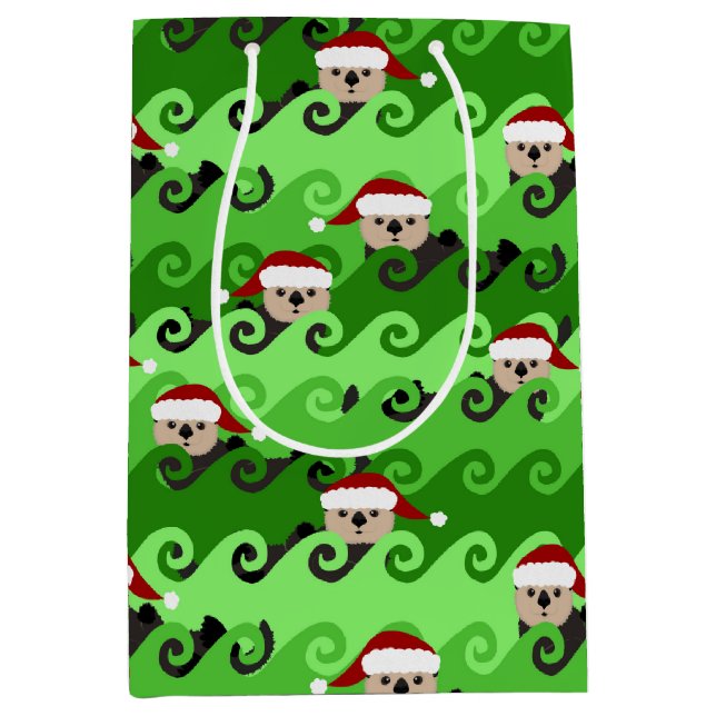 Sacola Para Presentes Média O Mar de Natal Otters Green Waves (Frente)