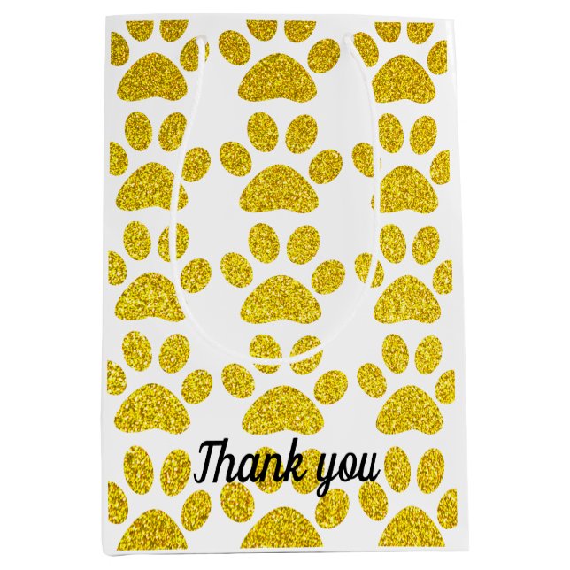 Sacola Para Presentes Média Obrigado Glitter Pegadas de Pata Cute Casamentos (Frente)