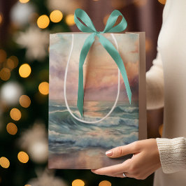 Sacola Para Presentes Média Oceano Majestoso Ondas Sunset Aquarela Costeira