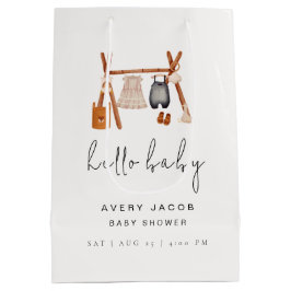 Sacola Para Presentes Média Olá, Baby | Chá de fraldas de roupa de boho-branca