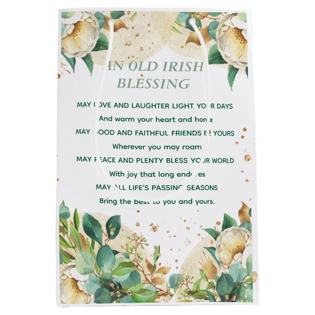 Sacola Para Presentes Média Old Irish Blessing on Gold Dust and Roses (Frente)