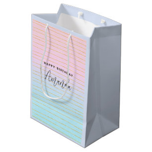 Sacola Para Presentes Média Ombro Azul Rosa com Linhas Douradas Aniversário