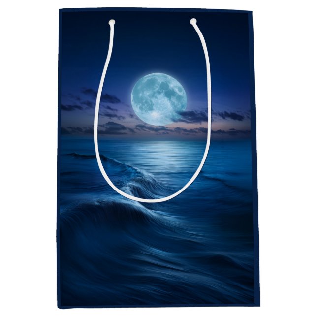Sacola Para Presentes Média Ondas do Oceano ao Luar com Lua Cheia (Frente)