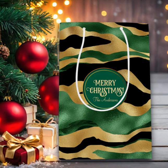 Sacola Para Presentes Média Ondas Douradas brilhantes verdes a preto (Criador carregado)