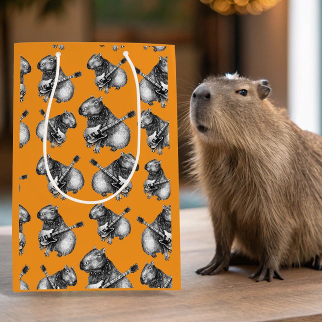 Sacola Para Presentes Média Orange Capybara Rockstar (Capybara Gift Bag)