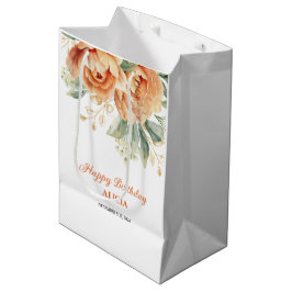Sacola Para Presentes Média Orange Peony Dourado Folha Verde Aniversário