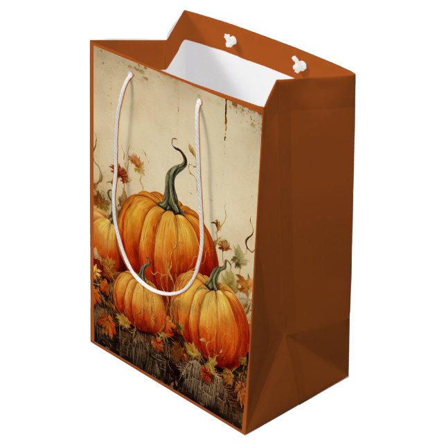 Sacola Para Presentes Média Orange Pumpkins Rustic Autumn (Verso inclinado)