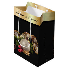 Sacola Para Presentes Média Ornamento, Fita Verde e Dourada