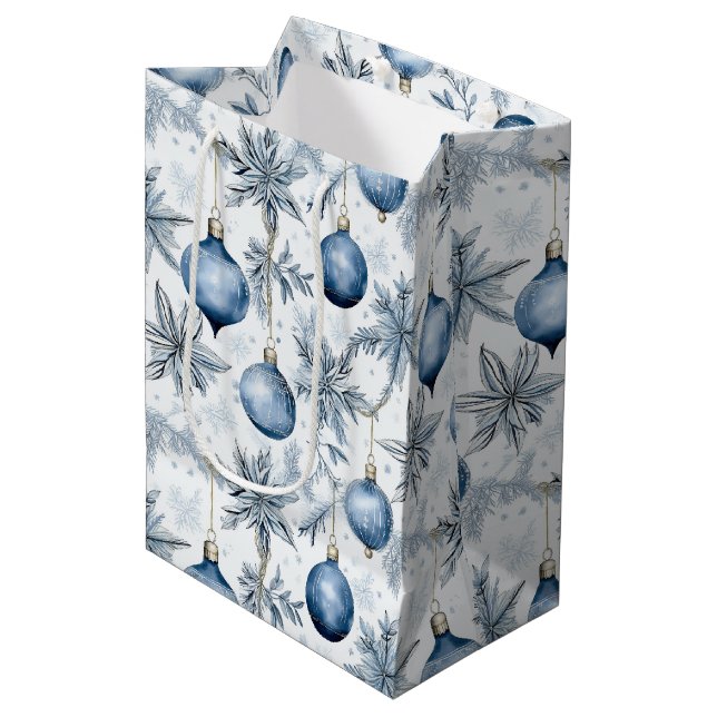 Sacola Para Presentes Média Ornamentos Clássicos De Árvores Azuis Vinhos Peque (Frente inclinada)