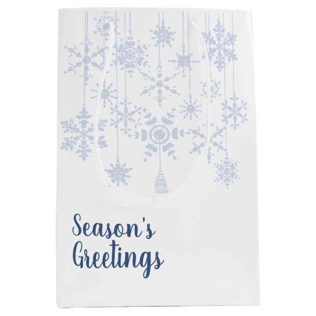 Sacola Para Presentes Média Ornamentos Flocos de Neve Azul-Gelo (Frente)