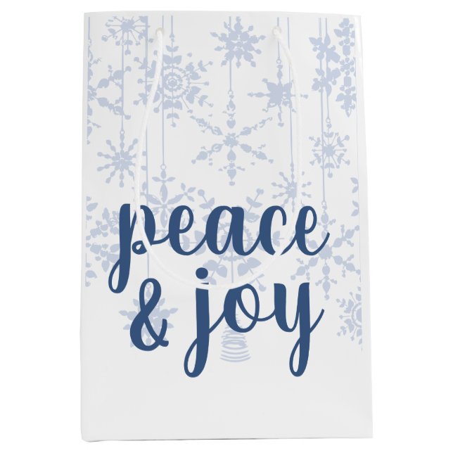 Sacola Para Presentes Média Ornamentos Flocos de Neve Azul-Gelo (Frente)