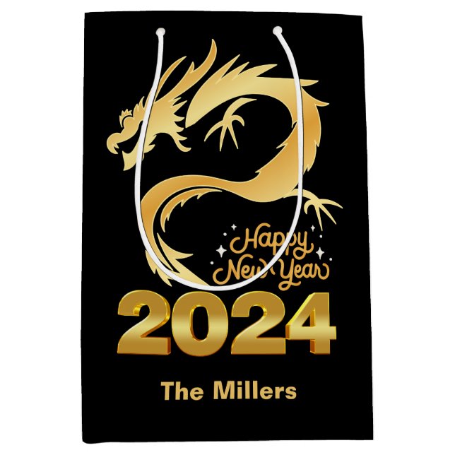 Sacola Para Presentes Média Ouro 2024 Dragão chinês negro (Frente)