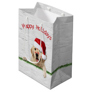Sacola Para Presentes Média Ouro De Natal Retriever Com Lipstick Me Beija