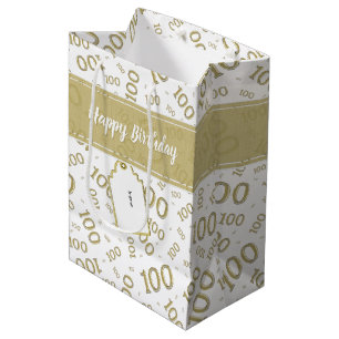 Sacola Para Presentes Média Ouro do aniversário de Happy100th e teste padrão
