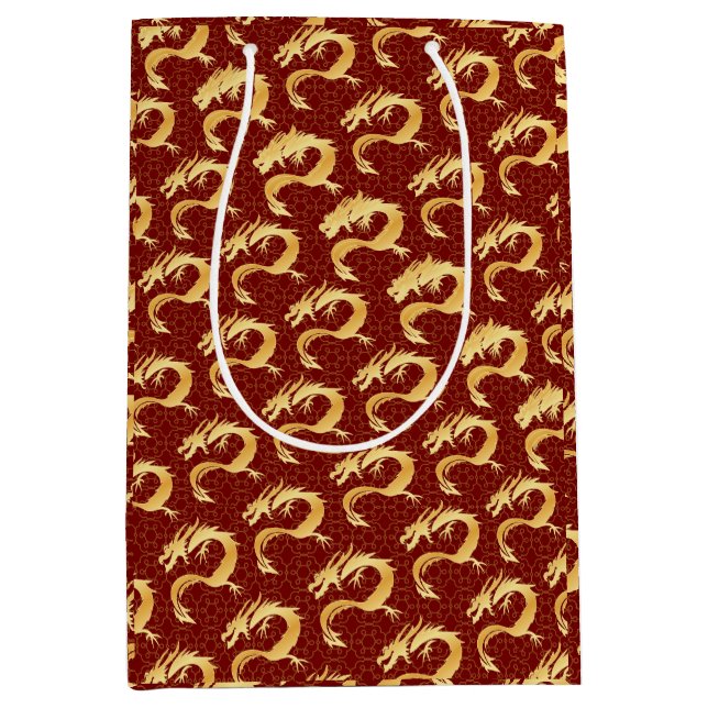 Sacola Para Presentes Média Ouro Dragão Chinês Ano Novo Deseja Vermelho Orient (Frente)