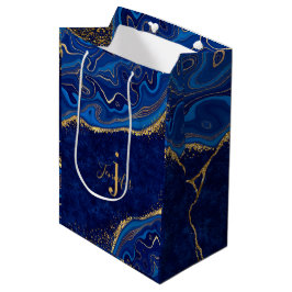Sacola Para Presentes Média Ouro e Azul Moderno Elegante Ágata Brilho Personal